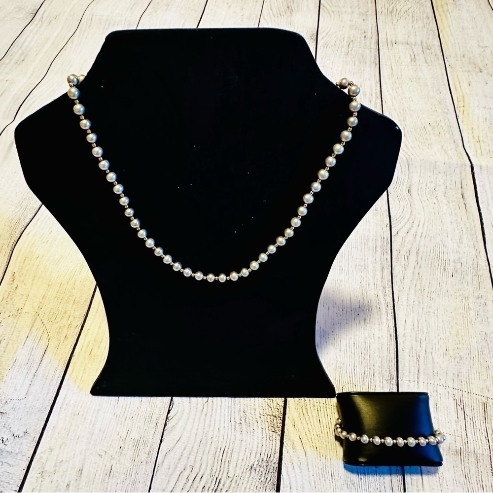 Grey Freshwater Pearl and 14K Gold Necklace and Bracelet Set​​​​​